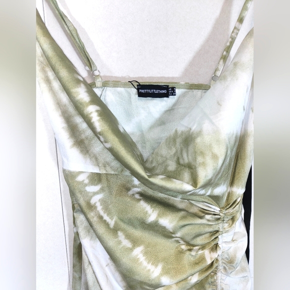 Pretty Little Thing Green Tie Dye Rouched Cowl Neck Dress Size UK 6 - Picture 5 of 8